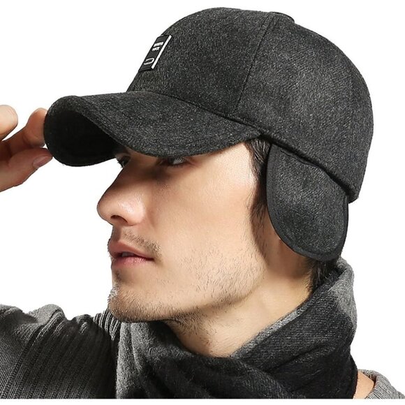 Men's Winter Warm Wool Tweed Peaked Baseball Cap Hat Fold Earmuffs Warmer - Picture 6 of 6